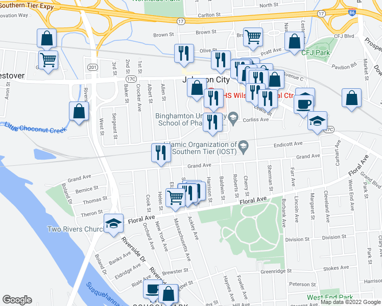 map of restaurants, bars, coffee shops, grocery stores, and more near 140 Hudson St in Johnson City