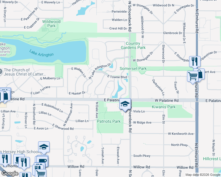 map of restaurants, bars, coffee shops, grocery stores, and more near 1969 Stillwater Road in Arlington Heights