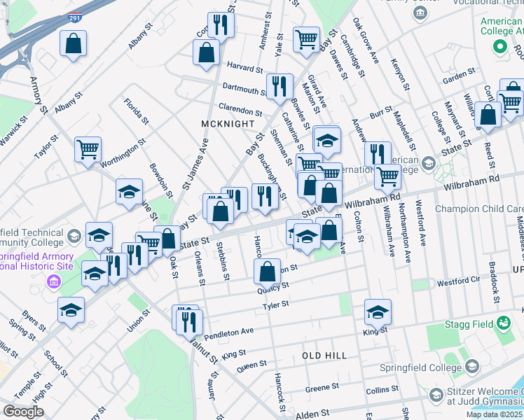 map of restaurants, bars, coffee shops, grocery stores, and more near 22-24 Westminster Street in Springfield