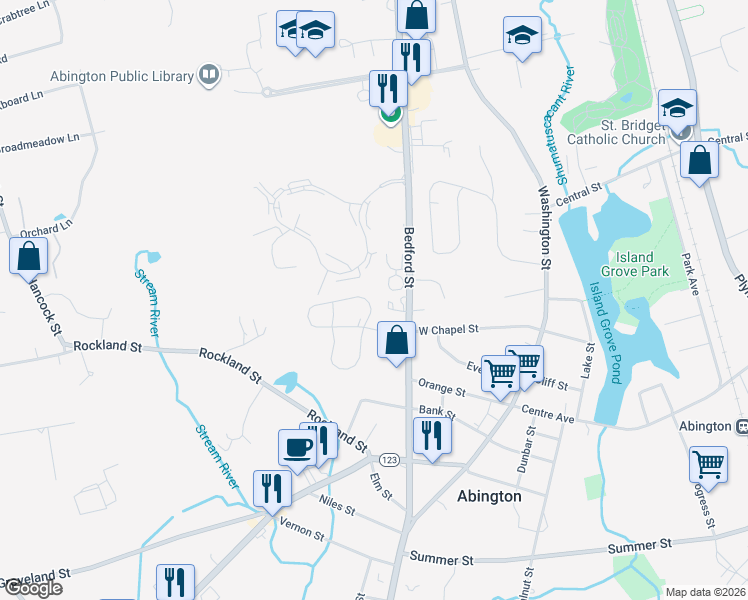 map of restaurants, bars, coffee shops, grocery stores, and more near 1 Forsyth Drive in Abington
