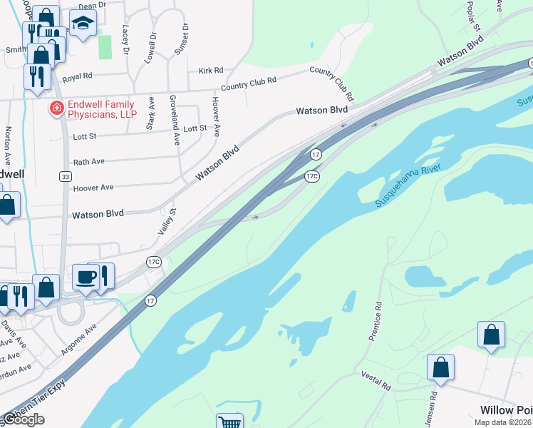 map of restaurants, bars, coffee shops, grocery stores, and more near George F Highway in Endicott