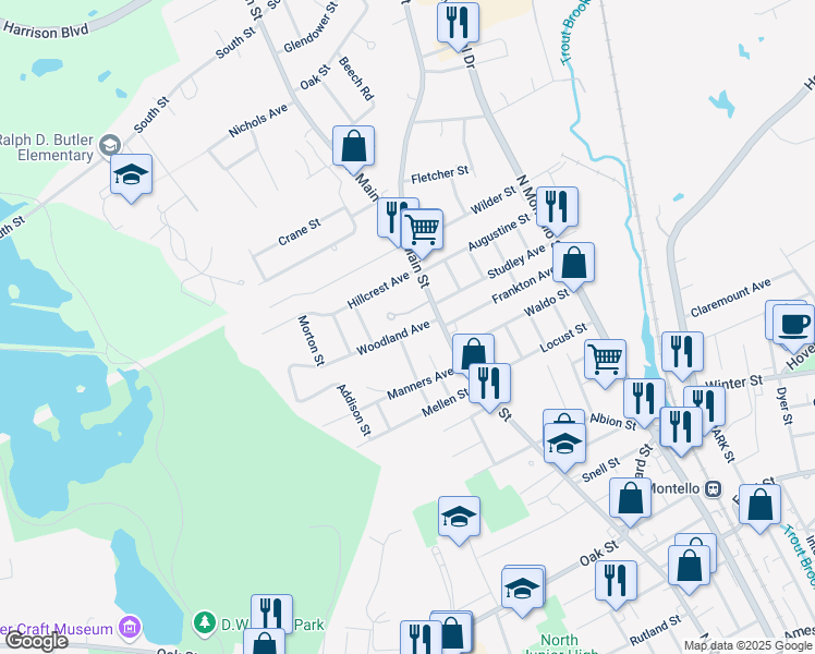 map of restaurants, bars, coffee shops, grocery stores, and more near 19 Woodland Avenue in Brockton