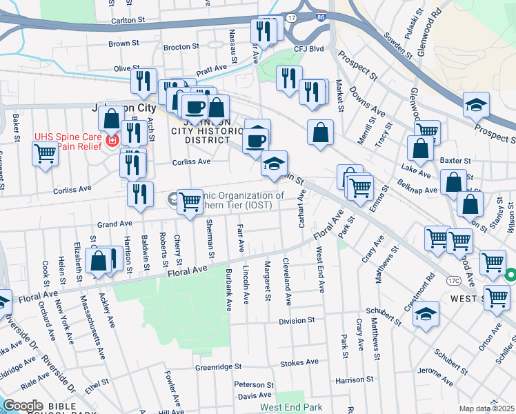 map of restaurants, bars, coffee shops, grocery stores, and more near 71 Grand Avenue in Johnson City