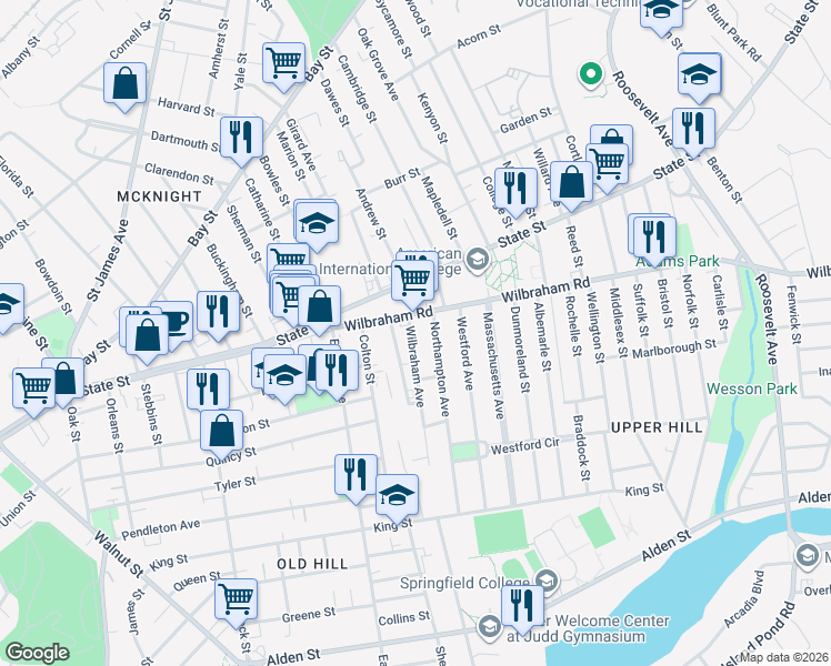 map of restaurants, bars, coffee shops, grocery stores, and more near 17 Wilbraham Avenue in Springfield