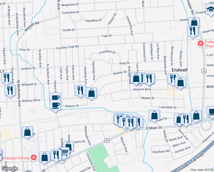 map of restaurants, bars, coffee shops, grocery stores, and more near 2716 Hall Street in Endicott