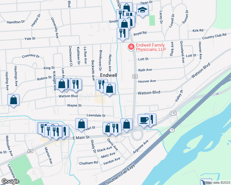 map of restaurants, bars, coffee shops, grocery stores, and more near 3409 Watson Blvd in Endicott
