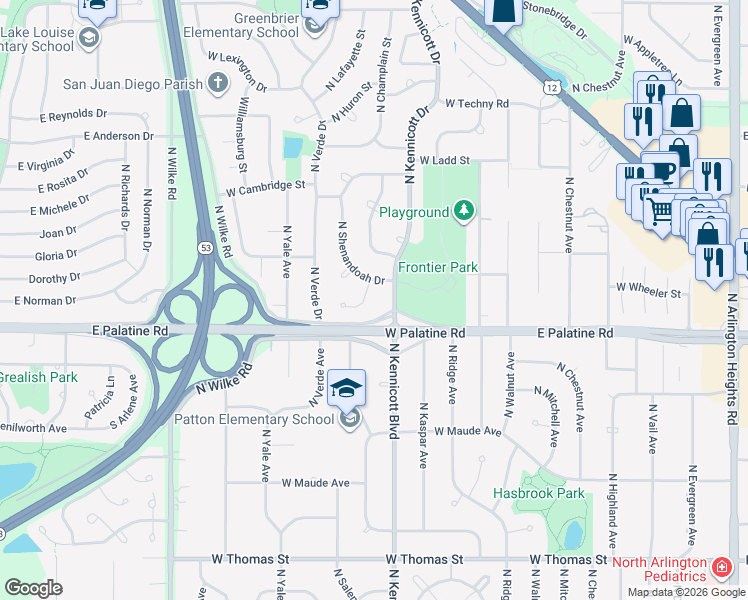 map of restaurants, bars, coffee shops, grocery stores, and more near 1109 Greenbriar Court in Arlington Heights