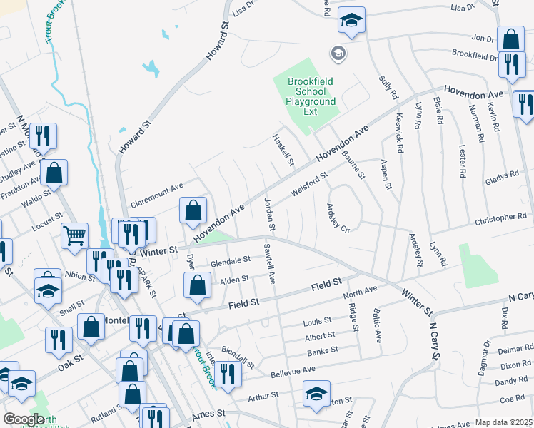 map of restaurants, bars, coffee shops, grocery stores, and more near 33 Jordan Street in Brockton
