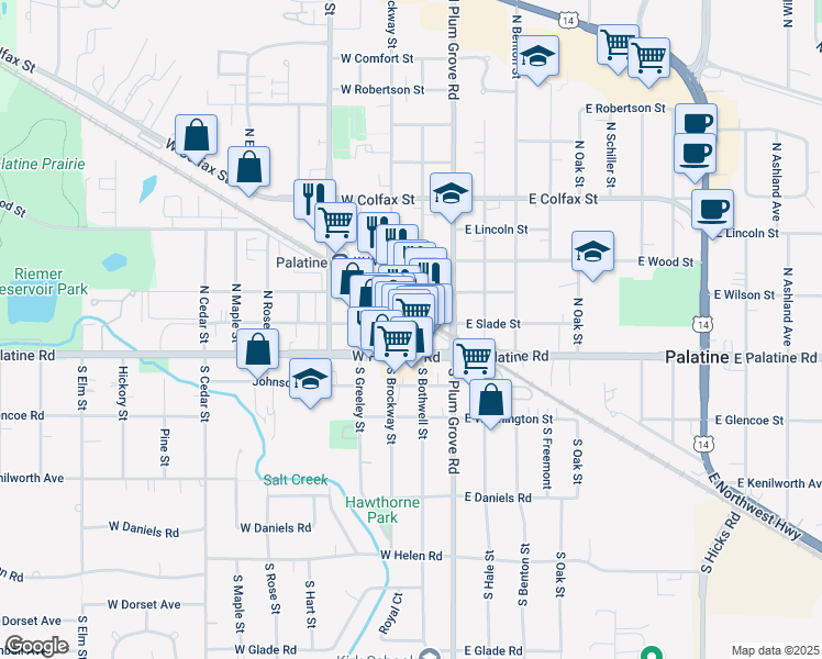 map of restaurants, bars, coffee shops, grocery stores, and more near 43 West Slade Street in Palatine