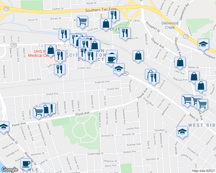map of restaurants, bars, coffee shops, grocery stores, and more near 71 Grand Ave in Johnson City