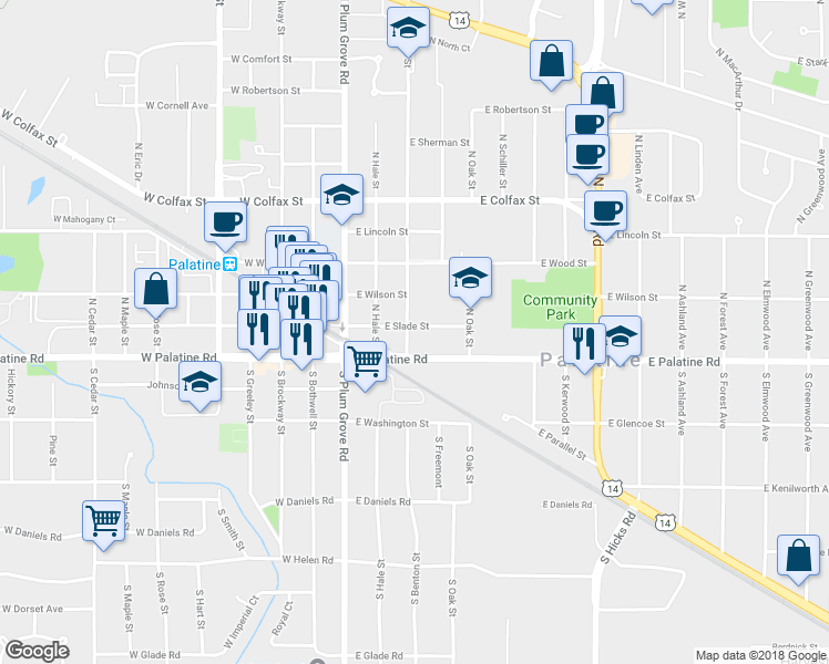 map of restaurants, bars, coffee shops, grocery stores, and more near 23 North Benton Street in Palatine