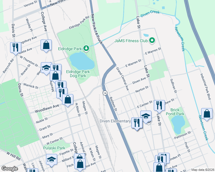 map of restaurants, bars, coffee shops, grocery stores, and more near 306 East Thurston Street in Elmira