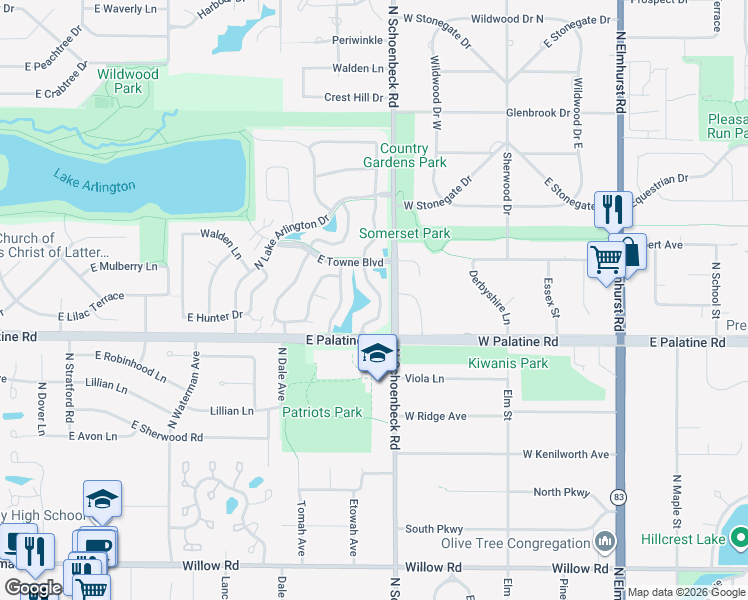 map of restaurants, bars, coffee shops, grocery stores, and more near 1961 North Coldspring Road in Arlington Heights