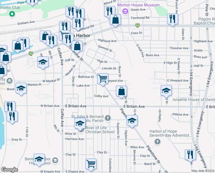map of restaurants, bars, coffee shops, grocery stores, and more near 385 Pipestone Street in Benton Harbor