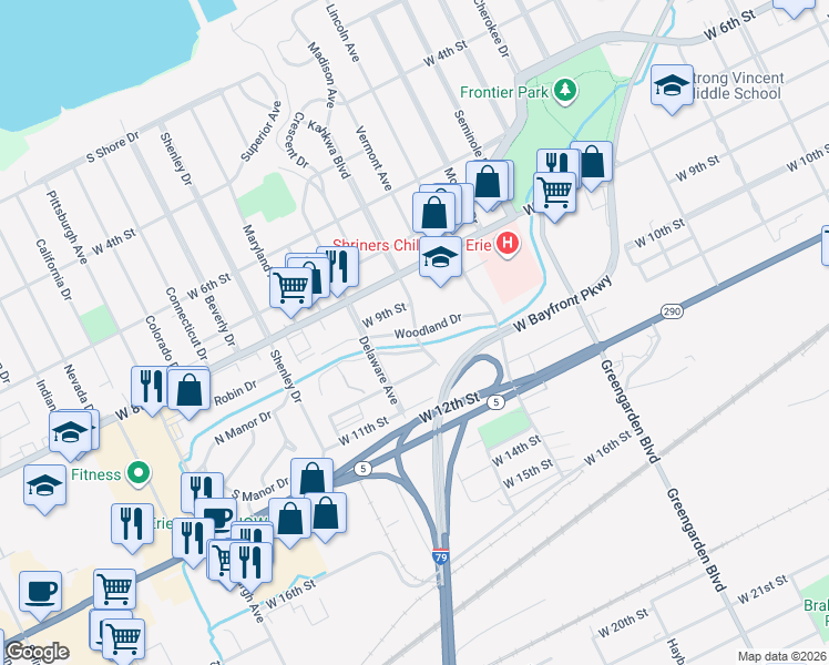 map of restaurants, bars, coffee shops, grocery stores, and more near 1801 Woodland Drive in Erie
