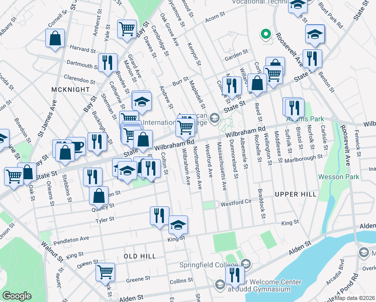 map of restaurants, bars, coffee shops, grocery stores, and more near 17 Wilbraham Avenue in Springfield