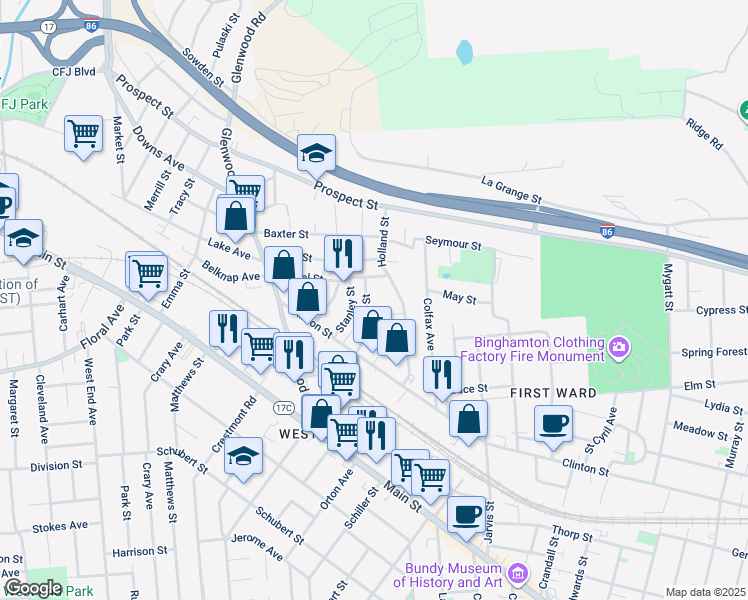 map of restaurants, bars, coffee shops, grocery stores, and more near 28 Wilson Street in Binghamton