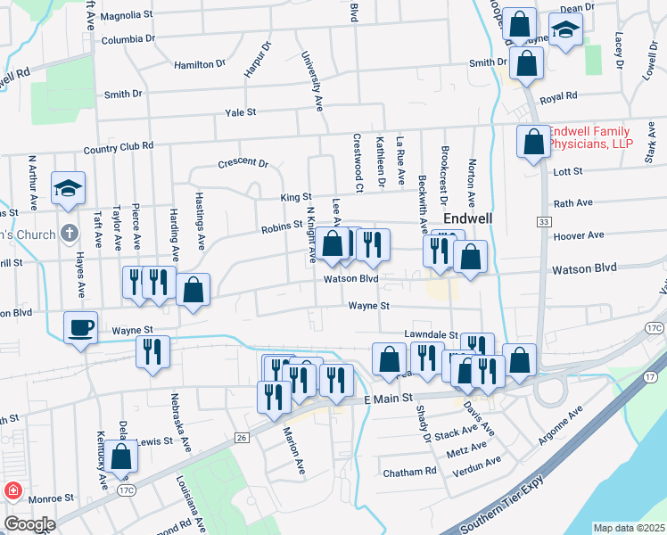 map of restaurants, bars, coffee shops, grocery stores, and more near 2909 Watson Blvd in Endicott