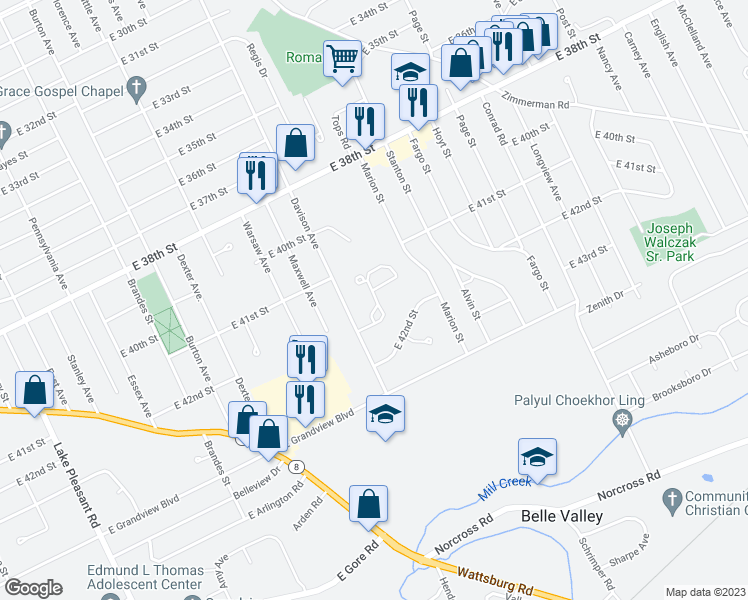 map of restaurants, bars, coffee shops, grocery stores, and more near 4130 Wood Hills Drive in Erie