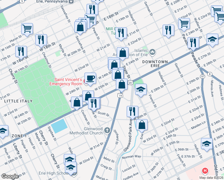 map of restaurants, bars, coffee shops, grocery stores, and more near 122 West 26th Street in Erie