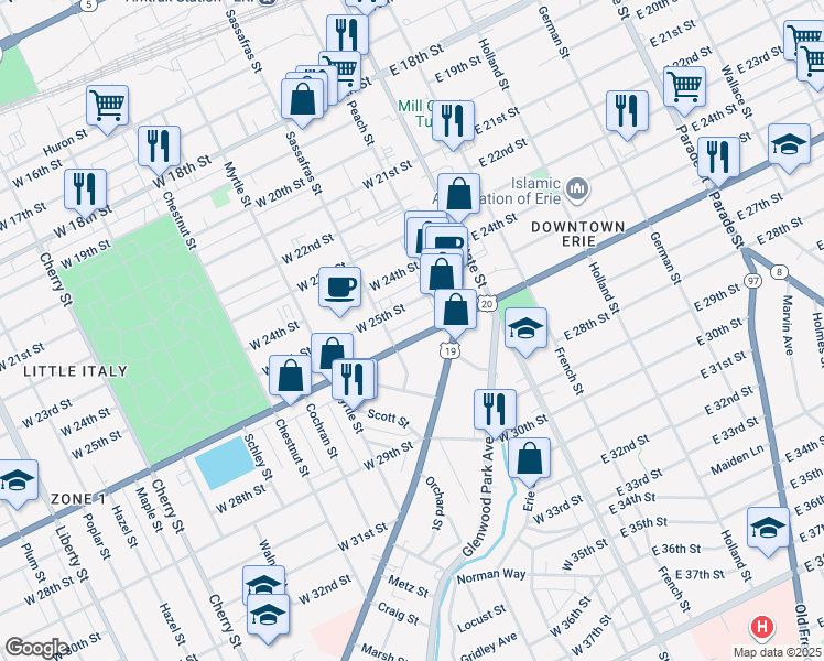 map of restaurants, bars, coffee shops, grocery stores, and more near 122 West 26th Street in Erie