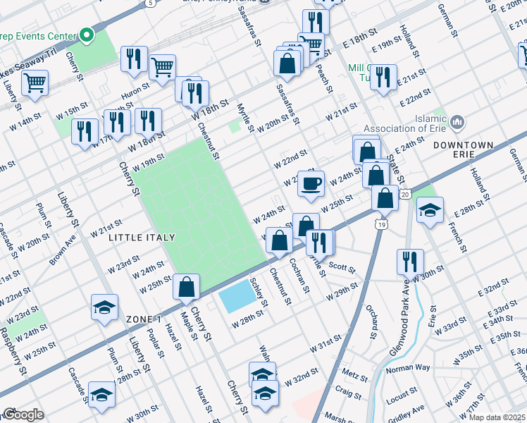 map of restaurants, bars, coffee shops, grocery stores, and more near 330 West 24th Street in Erie