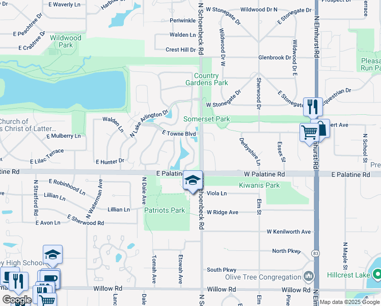 map of restaurants, bars, coffee shops, grocery stores, and more near 1961 North Coldspring Road in Arlington Heights