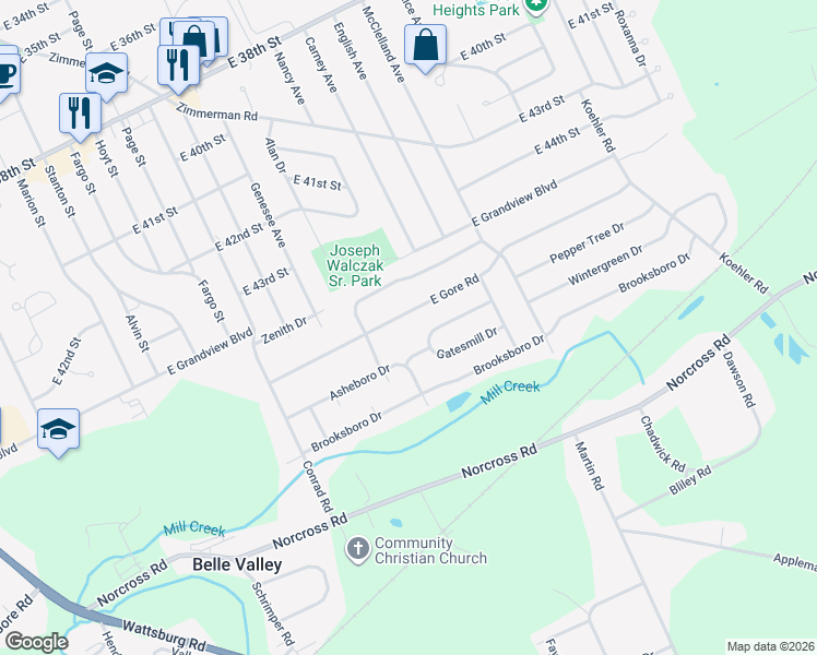 map of restaurants, bars, coffee shops, grocery stores, and more near 2143 E Gore Rd in Erie