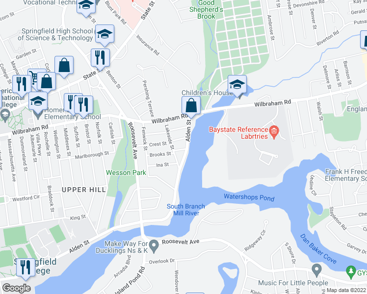 map of restaurants, bars, coffee shops, grocery stores, and more near 24 Esther Street in Springfield