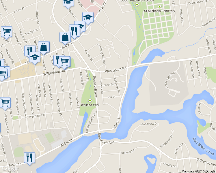 map of restaurants, bars, coffee shops, grocery stores, and more near 21 Crest Street in Springfield