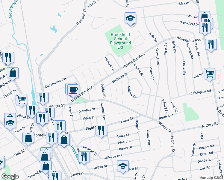 map of restaurants, bars, coffee shops, grocery stores, and more near 35 Hermon Street in Brockton