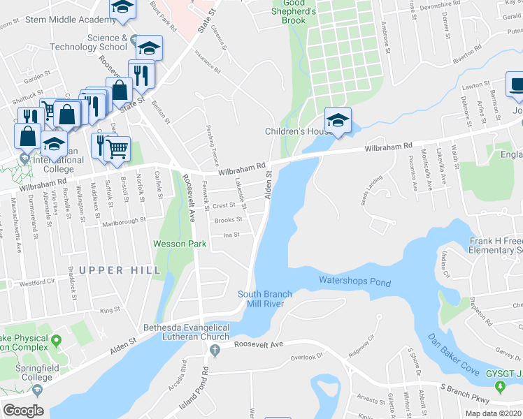 map of restaurants, bars, coffee shops, grocery stores, and more near 26 Esther Street in Springfield