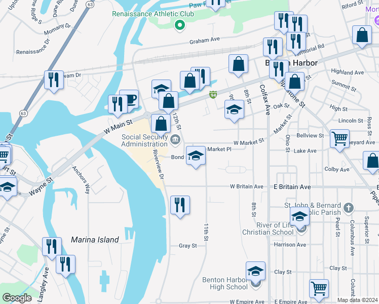 map of restaurants, bars, coffee shops, grocery stores, and more near 400 Market Place in Benton Harbor