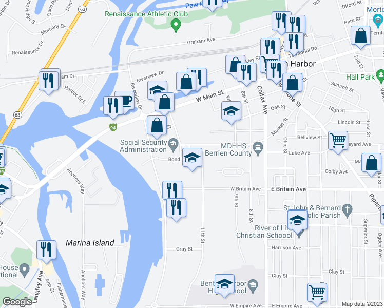 map of restaurants, bars, coffee shops, grocery stores, and more near 400 Market Place in Benton Harbor