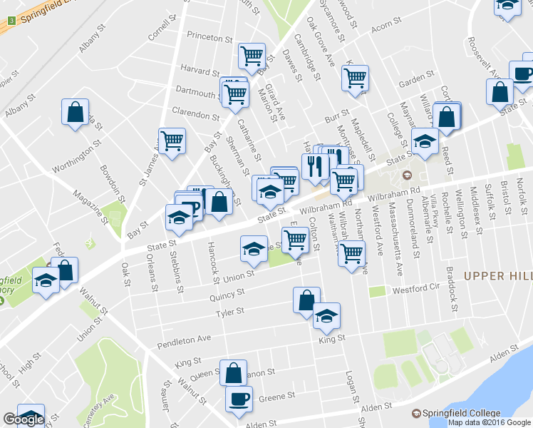 map of restaurants, bars, coffee shops, grocery stores, and more near 782 State St in Springfield