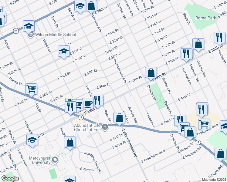 map of restaurants, bars, coffee shops, grocery stores, and more near West Erie Plaza Drive in Erie