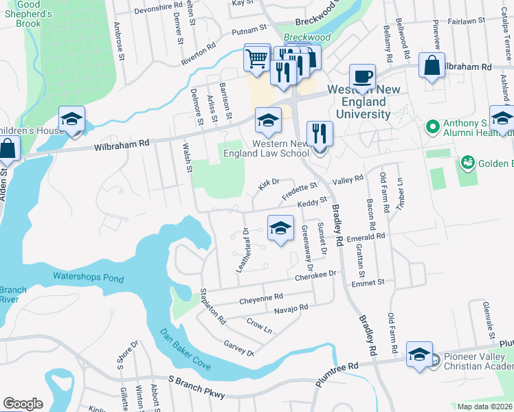map of restaurants, bars, coffee shops, grocery stores, and more near 115 Kirk Drive in Springfield