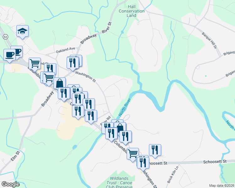 map of restaurants, bars, coffee shops, grocery stores, and more near 48 Old Shipyard Lane in Hanover