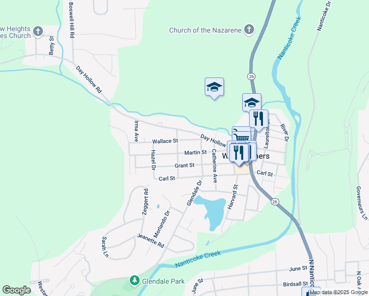 map of restaurants, bars, coffee shops, grocery stores, and more near 718 Martin Street in Endicott