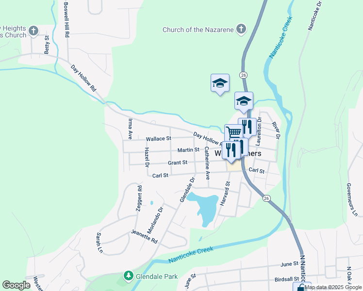 map of restaurants, bars, coffee shops, grocery stores, and more near 712 Martin Street in Endicott