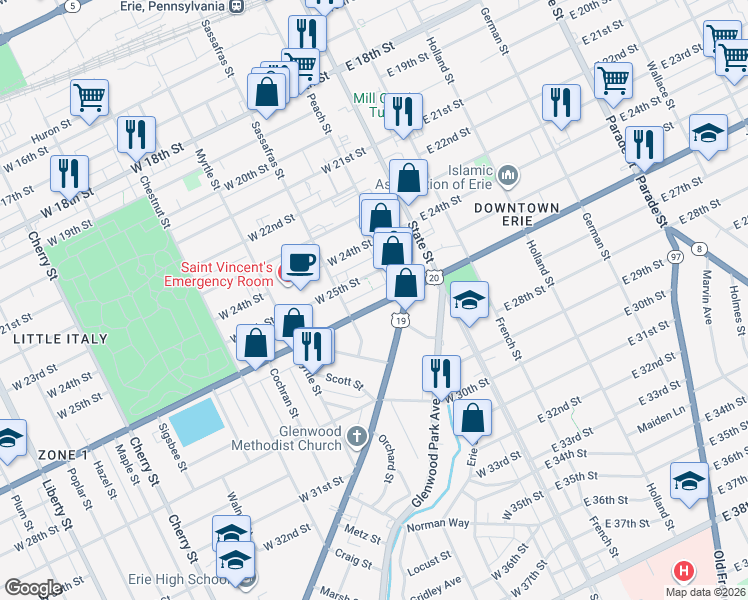 map of restaurants, bars, coffee shops, grocery stores, and more near 122 West 26th Street in Erie
