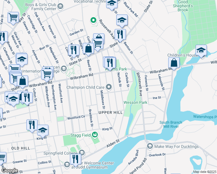map of restaurants, bars, coffee shops, grocery stores, and more near 66 Suffolk Street in Springfield