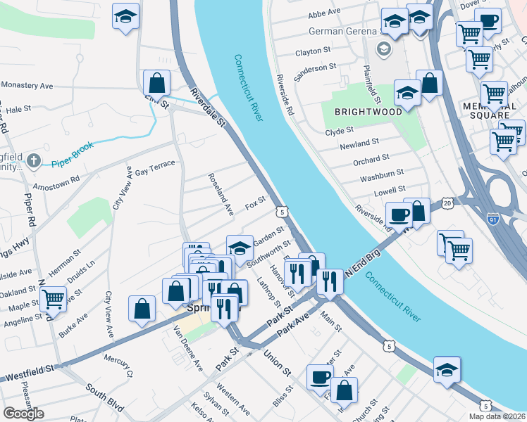 map of restaurants, bars, coffee shops, grocery stores, and more near 20 Warren Street in West Springfield