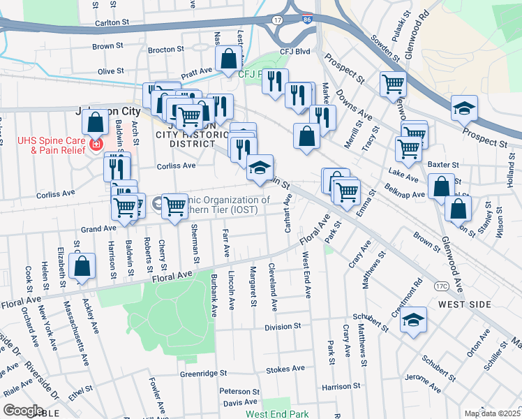 map of restaurants, bars, coffee shops, grocery stores, and more near 35 Grand Avenue in Johnson City