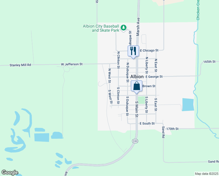 map of restaurants, bars, coffee shops, grocery stores, and more near 101 South West Street in Albion