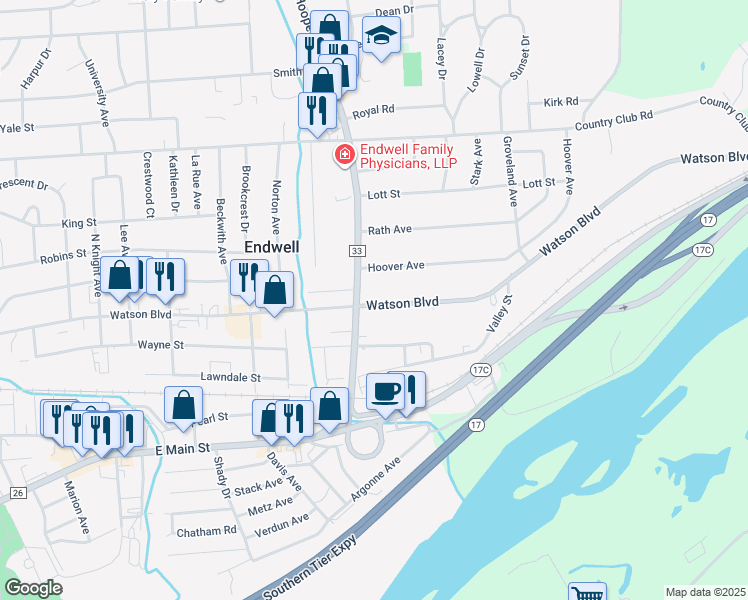 map of restaurants, bars, coffee shops, grocery stores, and more near in Endwell