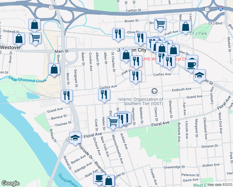 map of restaurants, bars, coffee shops, grocery stores, and more near 132 Saint Charles Street in Johnson City