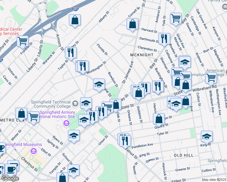 map of restaurants, bars, coffee shops, grocery stores, and more near 83 Magazine Street in Springfield
