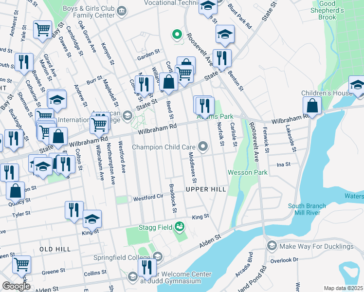 map of restaurants, bars, coffee shops, grocery stores, and more near 51 Wellington Street in Springfield