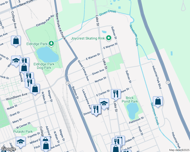 map of restaurants, bars, coffee shops, grocery stores, and more near 362 Diven Ave in Elmira